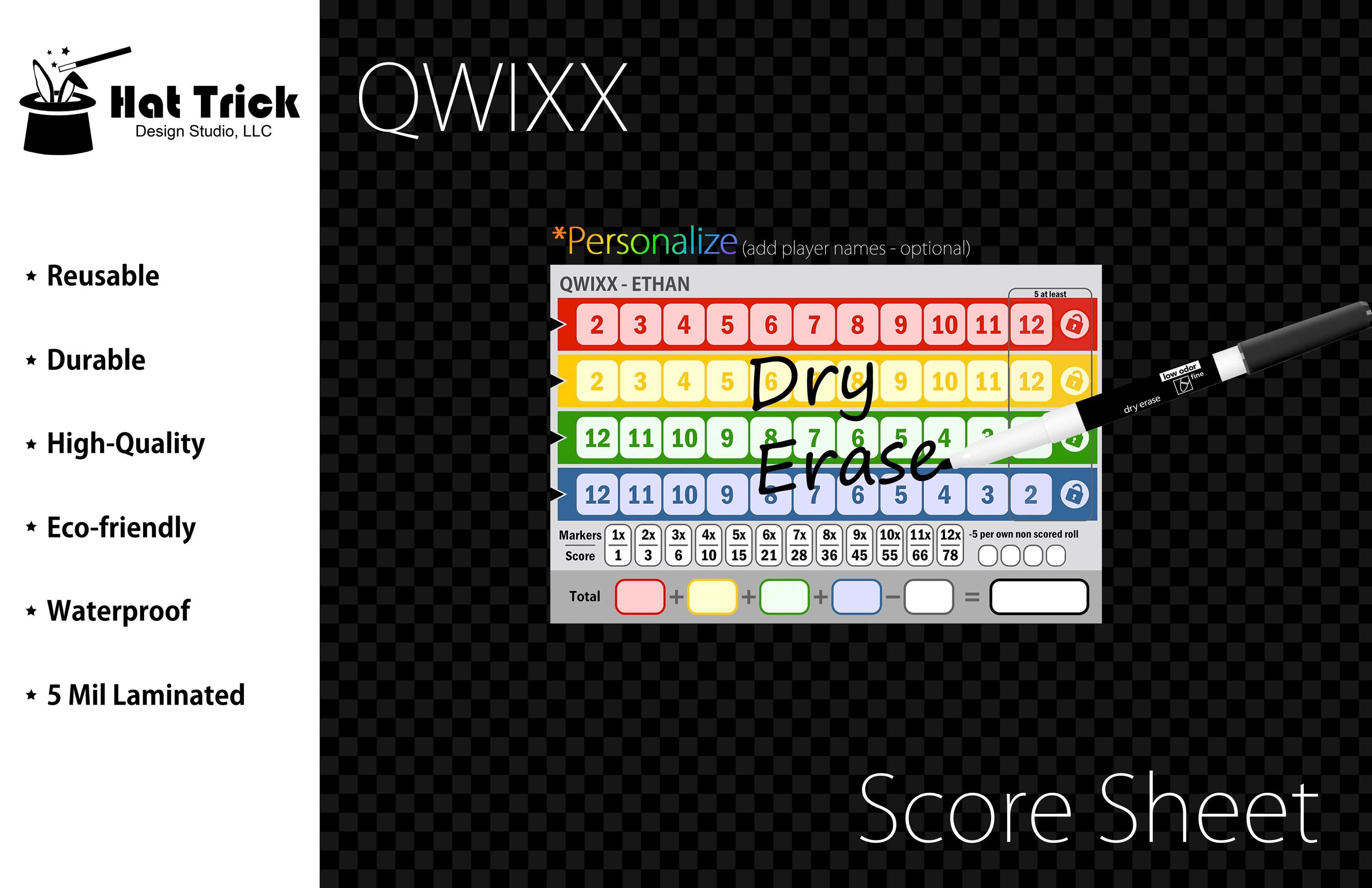 Laminated Qwixx sheet, reusable and waterproof.
