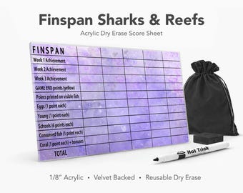 Finspan Sharks & Reefs Expansion Acrylic Score Sheet – Reusable Dry Erase Board Game Score Pad (Velvet Backed)