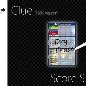 Laminated Clue (1986 Version) Score Sheet, Waterproof, Reusable, Wet Erase and Dry Erase