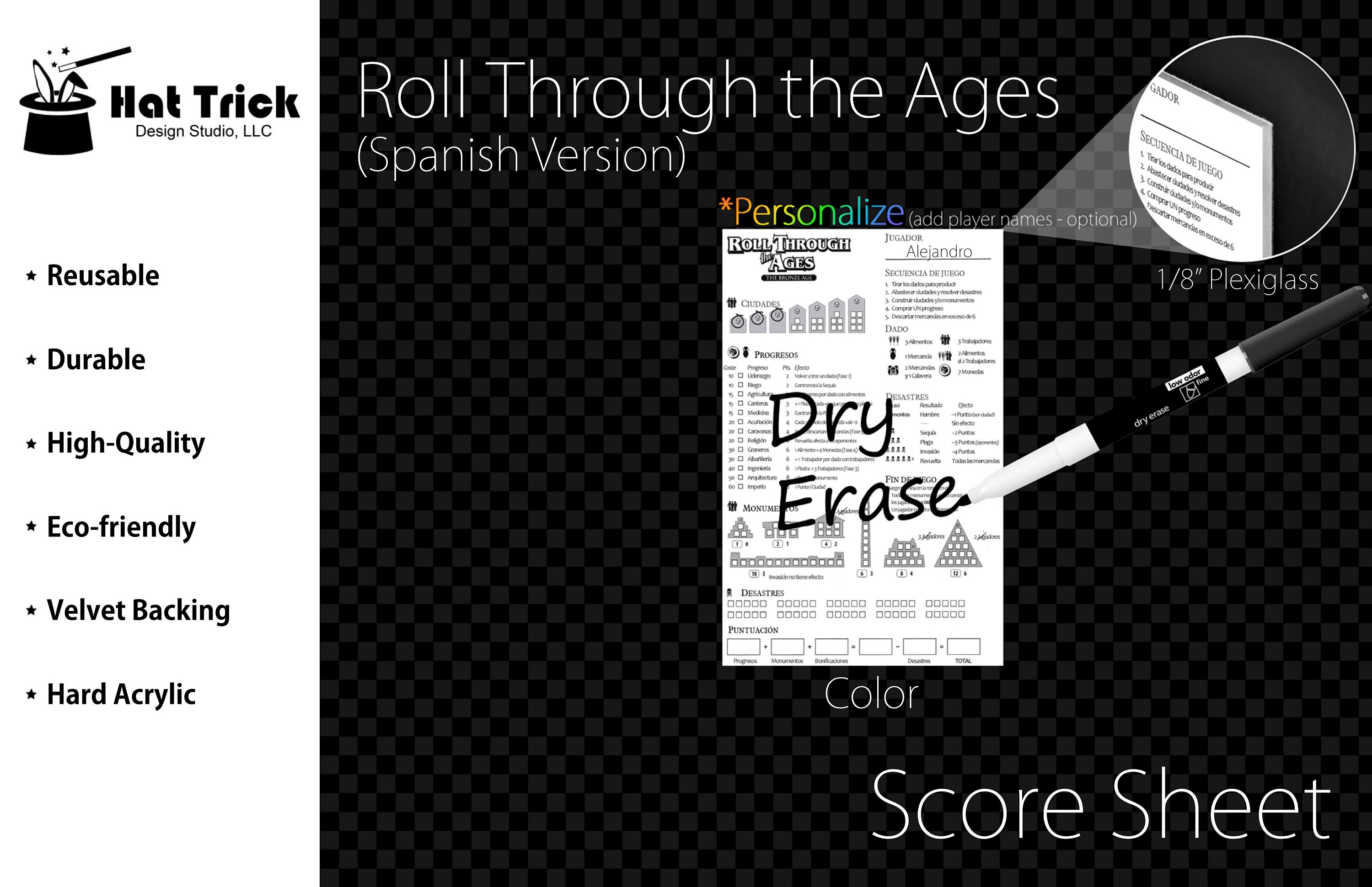 Premium Acrylic Roll Through the Ages (Spanish Version) Score Sheet Upgrade, Reusable, Wet Erase and Dry Erase