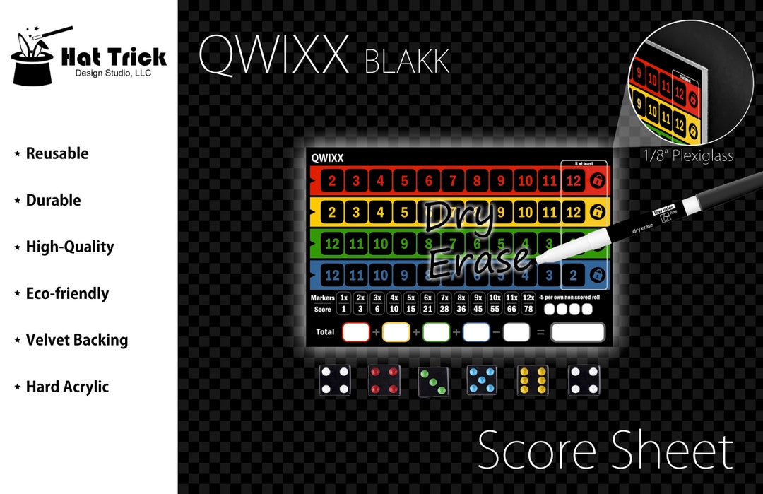 Premium Acrylic Qwixx Blakk Score Sheet Upgrade, Reusable, Score Pad