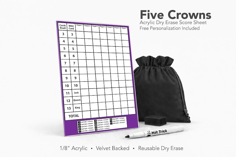 Five Crowns acryl scoreblad – herbruikbaar, droog uitwisbaar scoreblok voor bordspellen (met fluwelen achterkant) afbeelding 1