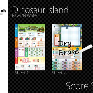 Gelamineerd Dinosaur Island Rawr 'N Write-scoreblad, waterdicht, herbruikbaar, nat wissen en droog wissen
