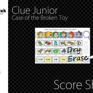 Laminated Clue Junior Case of the Broken Toy Score Sheet, Reusable Dry Erase