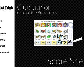Laminated Clue Junior Case of the Broken Toy Score Sheet, Reusable Dry Erase