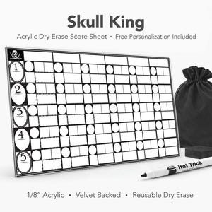 Skull King akrylpoängark – återanvändbart whiteboard-poängblock (sammetsbaksida)