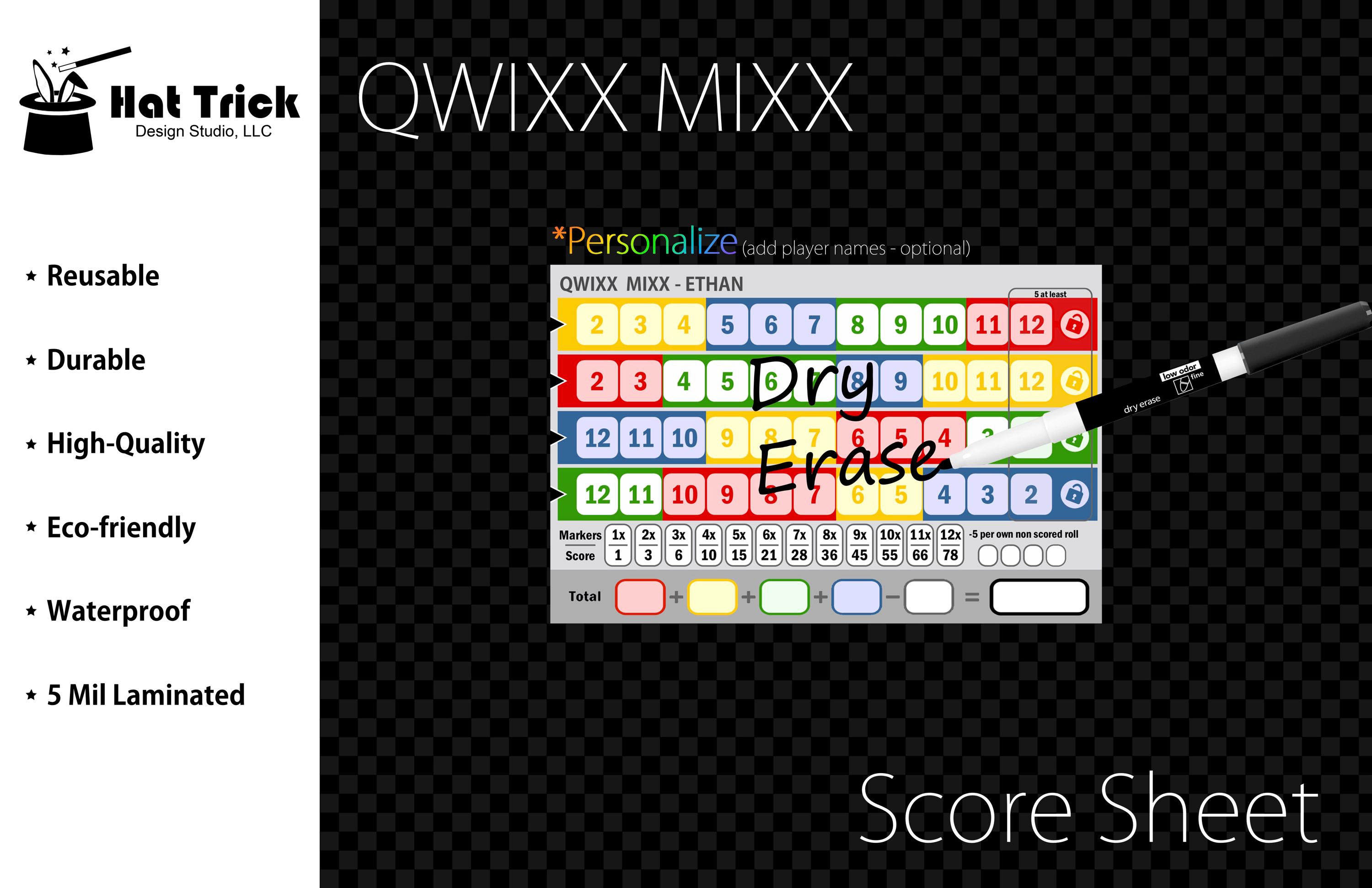 Laminated QWIXX MIXX Score Sheet, Waterproof, Reusable, Wet Erase and ...