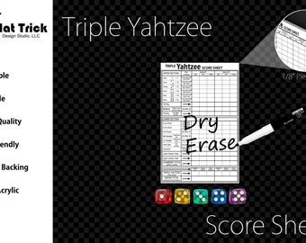 Premium Acrylic Triple Yahtzee Score Sheet Upgrade, Reusable, Wet Erase and Dry Erase
