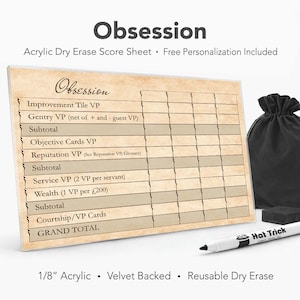 Arkusz punktacji Obsession Acrylic Score Sheet – wielokrotnego użytku, ścieralny na sucho blok do gier planszowych (z welurowym spodem)