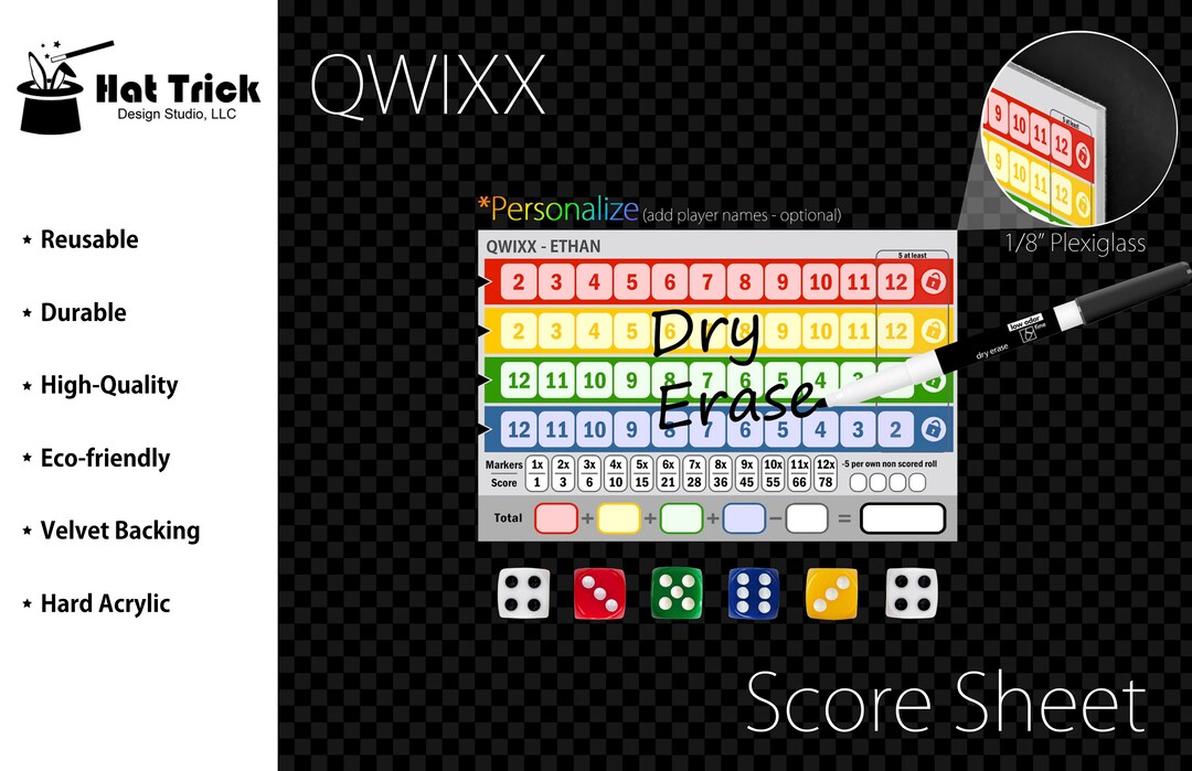 Hard Acrylic Deluxe Qwixx Game Score Sheet Plaque, Score Pad, Score