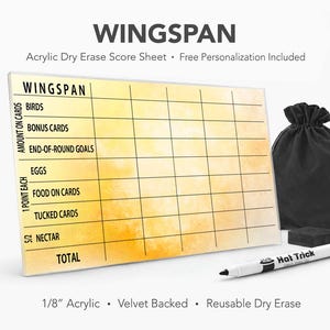 Wingspan Acrylic Score Sheet – Reusable Dry Erase Board Game Score Pad (Velvet Backed)