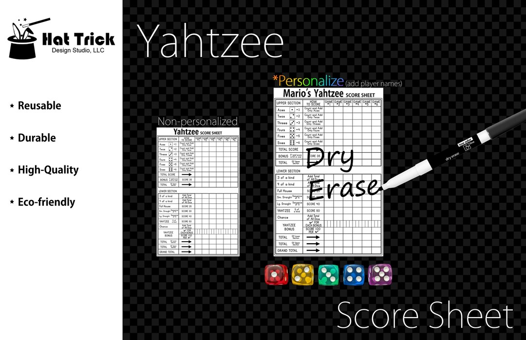 Laminated Yahtzee Score Sheet, Waterproof, Reusable, Wet Erase and Dry