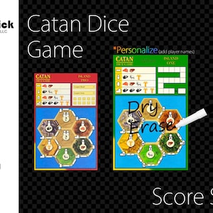 May include: Dry-erase Catan dice game score sheet with a hexagonal board and a table for recording points. The sheet is laminated and features a colorful design with green, red, blue, and yellow accents.  *Personalize (add player names)