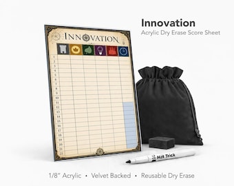 Innovation Acrylic Score Sheet – Reusable Dry Erase Board Game Score Pad (Velvet Backed)