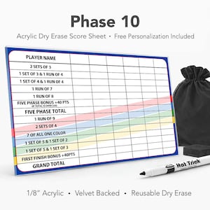 Op de afbeelding: Een rechthoekig Phase 10 acryl scorebord voor droog uitwisbare inkt met een raster voor spelersnamen en spelfasen. Inclusief een zwart fluwelen trekkoordzakje, een zwarte wisser en een witte droog uitwisbare marker met het opschrift Hat Trick.