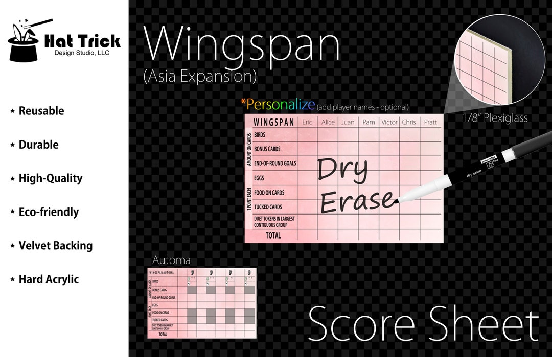 Hard Acrylic Deluxe Wingspan Board Game Scoring Plaque for the Asia
