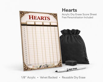 Hearts Acrylic Score Sheet – Reusable Dry Erase Board Game Score Pad (Velvet Backed)