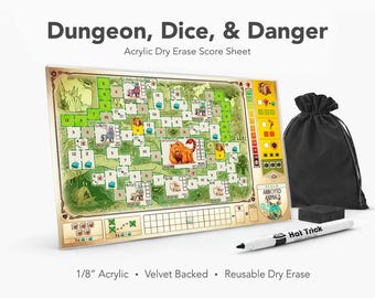 Dungeons, Dice & Danger Acrylic Score Sheets (Set of 4) – Reusable Dry Erase Board Game Score Pad (Velvet Backed)