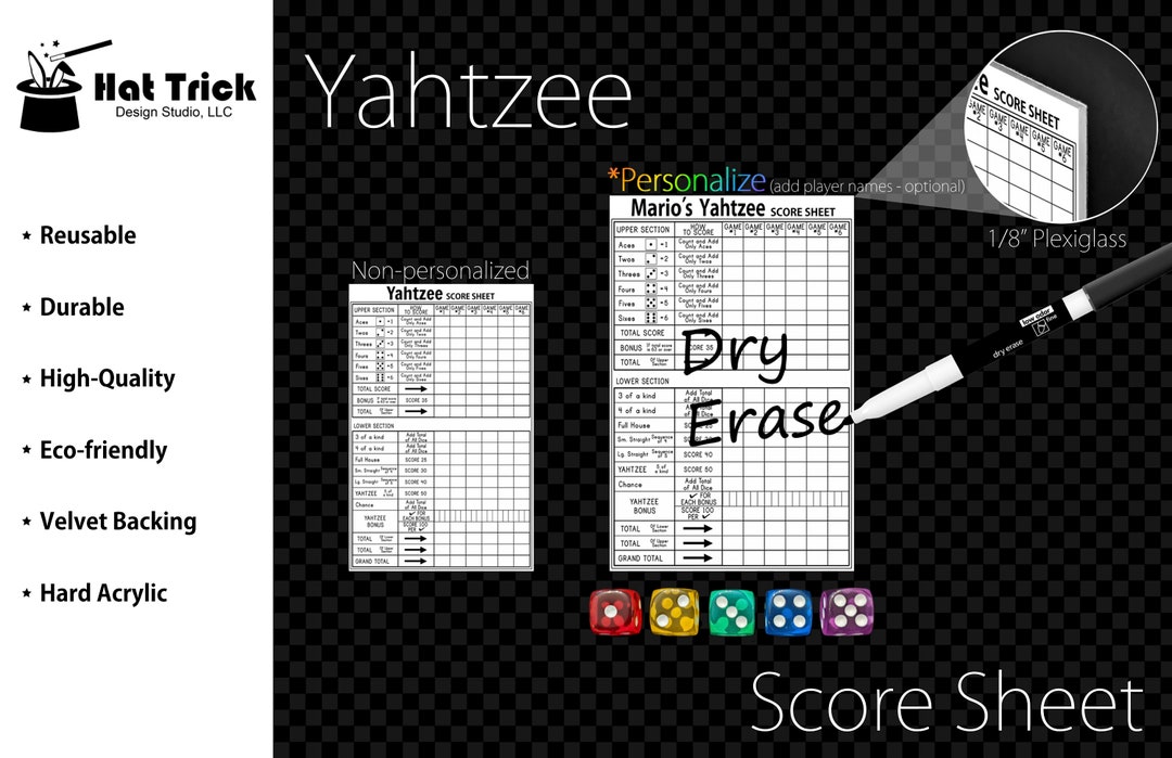 Premium Acrylic Yahtzee Score Sheet Upgrade, Reusable, Wet Erase and