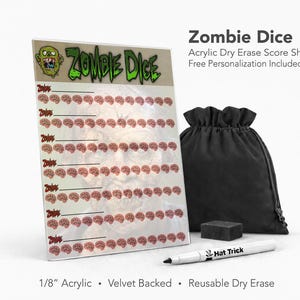 Feuille de score acrylique Zombie Dice – Bloc de score effaçable à sec réutilisable pour jeux de société (dos en velours)