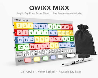 Qwixx Mixx Acryl Punktebogen - Wiederverwendbarer trocken abwischbarer Brettspiel-Punkteblock (mit Rückseite aus Samt)