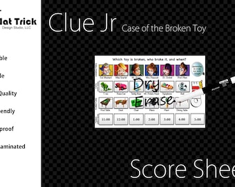 Laminated Clue Jr Case of the Broken Toy Score Sheet, Waterproof, Reusable, Wet Erase and Dry Erase