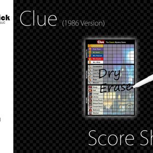 May include: A dry-erase Cluedo score sheet with the game title and "1986 Version" text. The sheet features a grid for tracking suspects, weapons, and rooms. A black and white marker is positioned near the sheet.