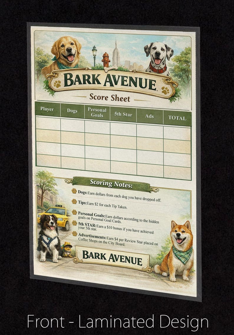 Bark Sheets Game Examples Laminated Bark Avenue Score Sheet, Waterproof, Reusable, Wet Erase and ...
