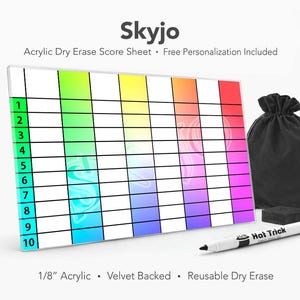 Może przedstawiać: Kolorowa akrylowa tablica do pisania i ścierania z siatką i gradientem kolorów. U góry napis "Skyjo", poniżej "Acrylic Dry Erase Score Sheet". Zawiera czarny worek, gumkę i biały marker z napisem "Hat Trick".
