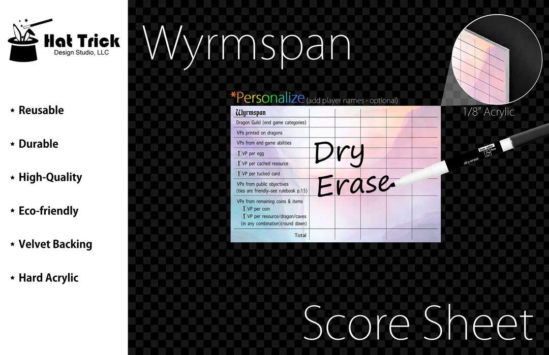 Premium Acrylic Wyrmspan Score Sheet Upgrade, Reusable, Wet Erase and