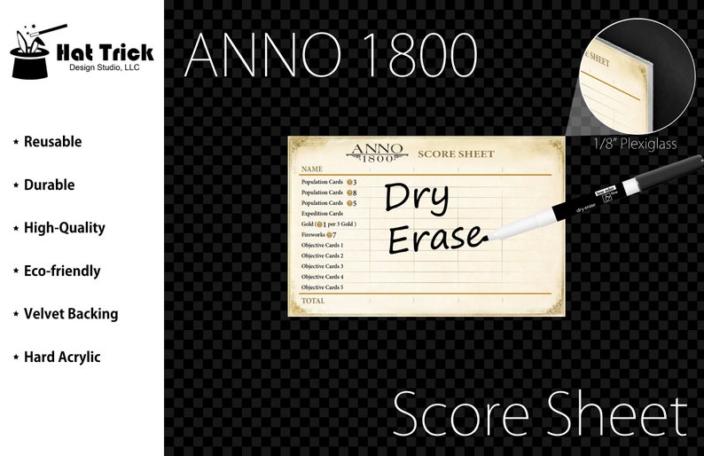 Premium Acrylic ANNO 1800 Score Sheet Upgrade, Reusable, Wet Erase and Dry Erase image 1