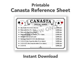 Printable Canasta Reference Sheet | Digital Download | Board Game Scorecard PDF