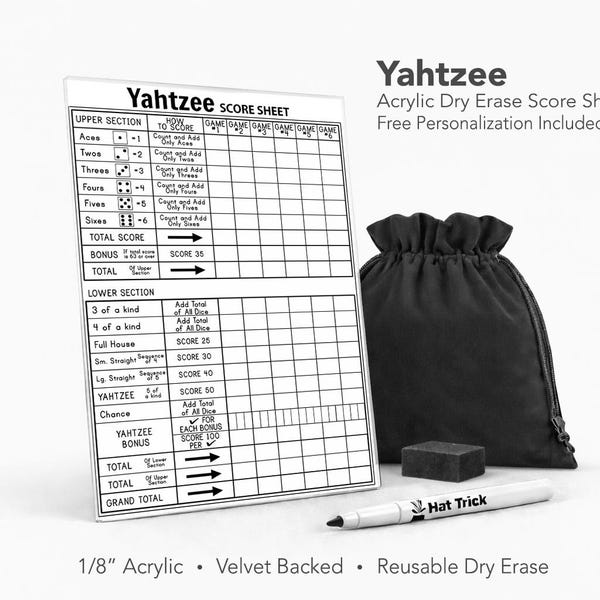 Feuille de score acrylique pour Yahtzee – Bloc de score effaçable à sec réutilisable pour jeu de société (dos en velours)