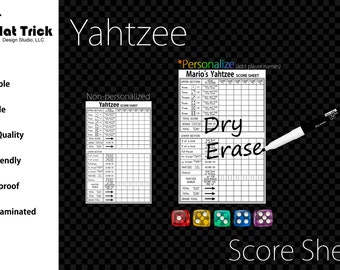 Laminated Yahtzee Score Sheet, Waterproof, Reusable, Wet Erase and Dry Erase