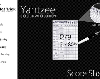 Premium Acrylic Yahtzee Doctor Who Edition Score Sheet Upgrade, Reusable, Wet Erase and Dry Erase