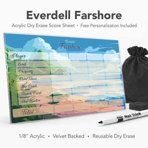 May include: Acrylic dry erase score sheet for the Everdell Farshore board game. The sheet features a landscape design with a blue sky and ocean. Includes a black bag, eraser, and a white marker with the text "Hat Trick".