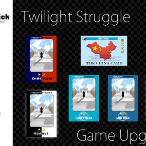 May include: A set of game upgrades for the board game Twilight Struggle. The upgrades include a discard card, a remove card, and three cards for early, mid, and late war. The cards are all laminated and feature a black and white image of a person walking towards a building.