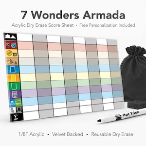 Feuille de pointage en acrylique 7 Wonders Armada - Bloc de pointage effaçable à sec réutilisable pour jeu de société (dos de velours)