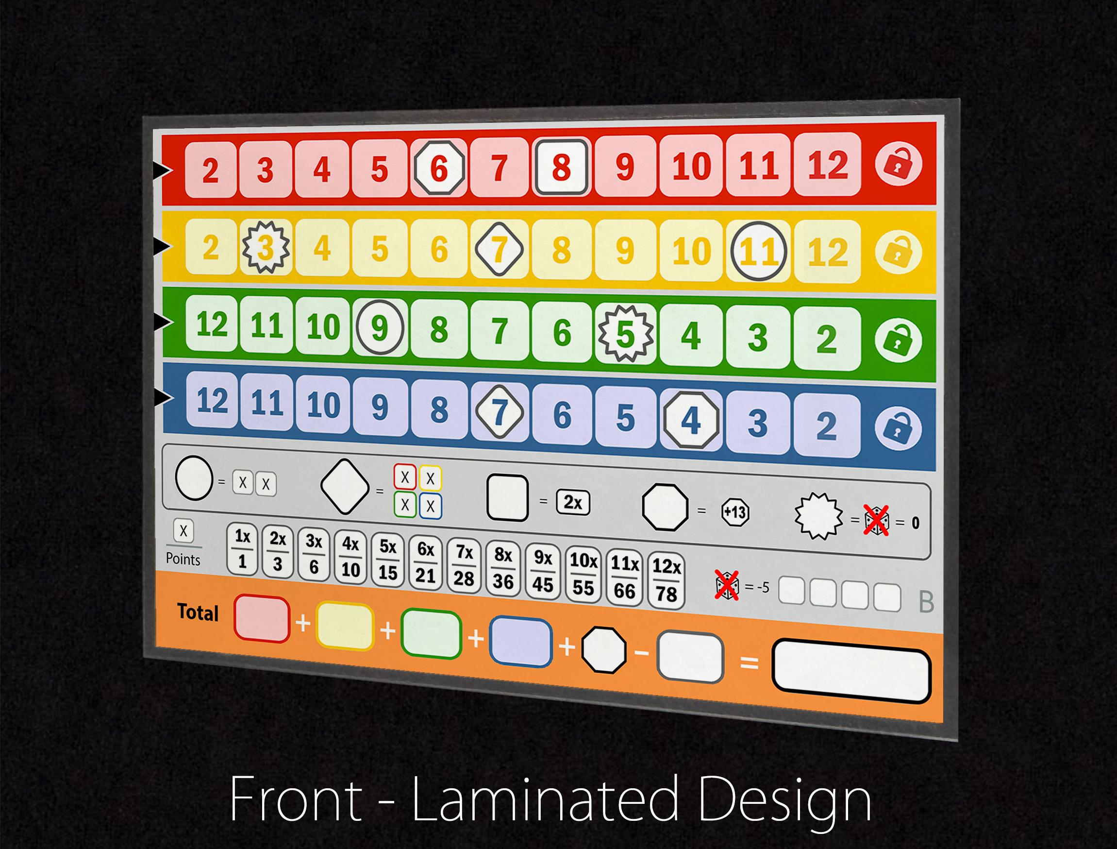 Laminated Qwixx bonus A&B score sheets