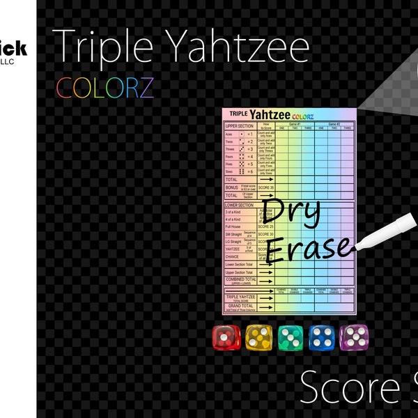 Premium Acrylic Triple Yahtzee Colorz Score Sheet Upgrade, Reusable, Wet Erase and Dry Erase