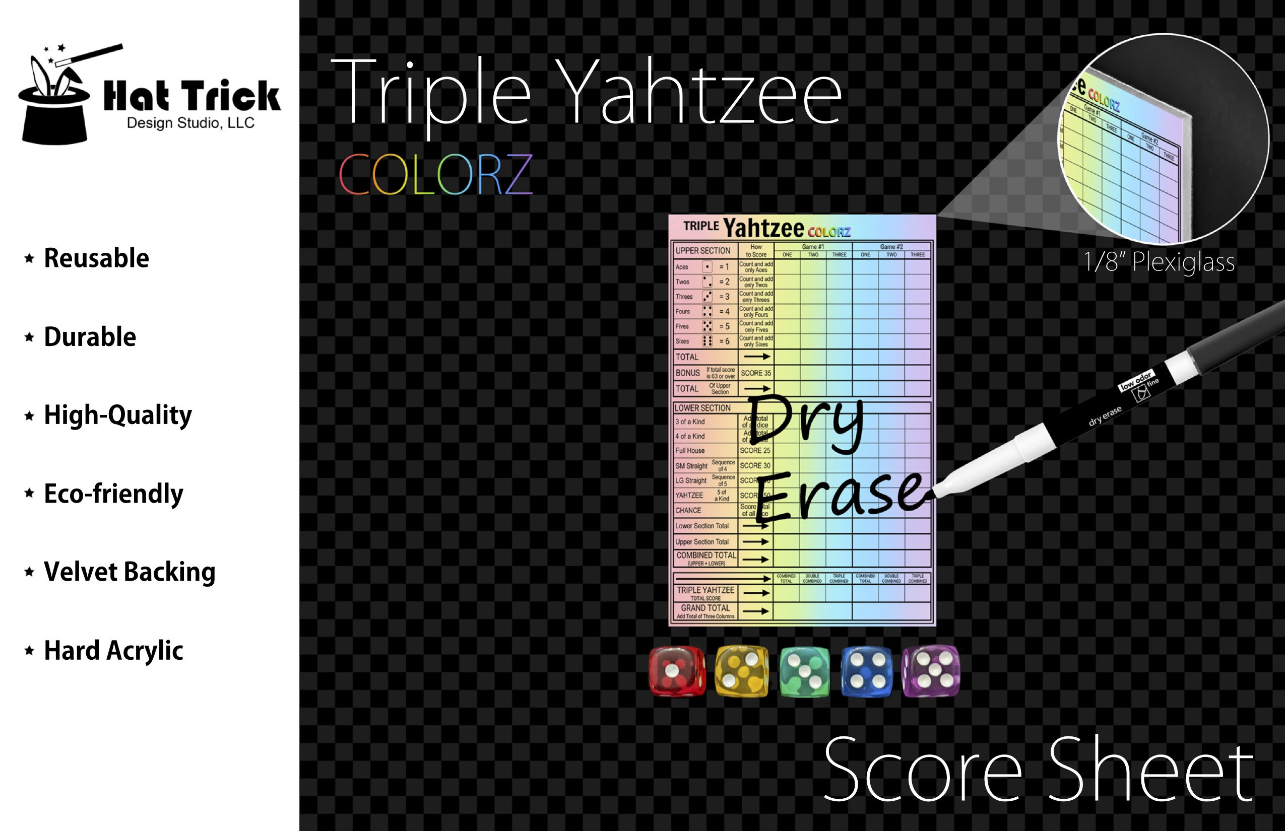 Premium Acrylic Triple Yahtzee Colorz Score Sheet Upgrade, Reusable, Wet Erase and Dry Erase