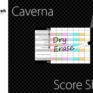 May include: Dry-erase score sheet for the board game Caverna. The sheet is made of 1/8 inch thick plexiglass and has a grid pattern with colored sections. The text "Dry Erase" is written on the sheet.