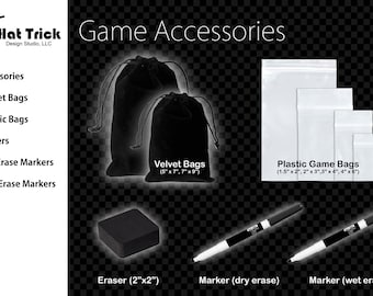 Accessories and Add-on items, Velvet Bags, Plastic Bags, Wet Erase Markers and Dry Erase Markers, Game Tokens