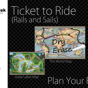 May include: A dry-erase game board for Ticket to Ride: Rails and Sails. The board features two maps: The World Map and the Great Lakes Map. The game board is 5 mil laminated and is reusable, durable, high-quality, eco-friendly, and waterproof.