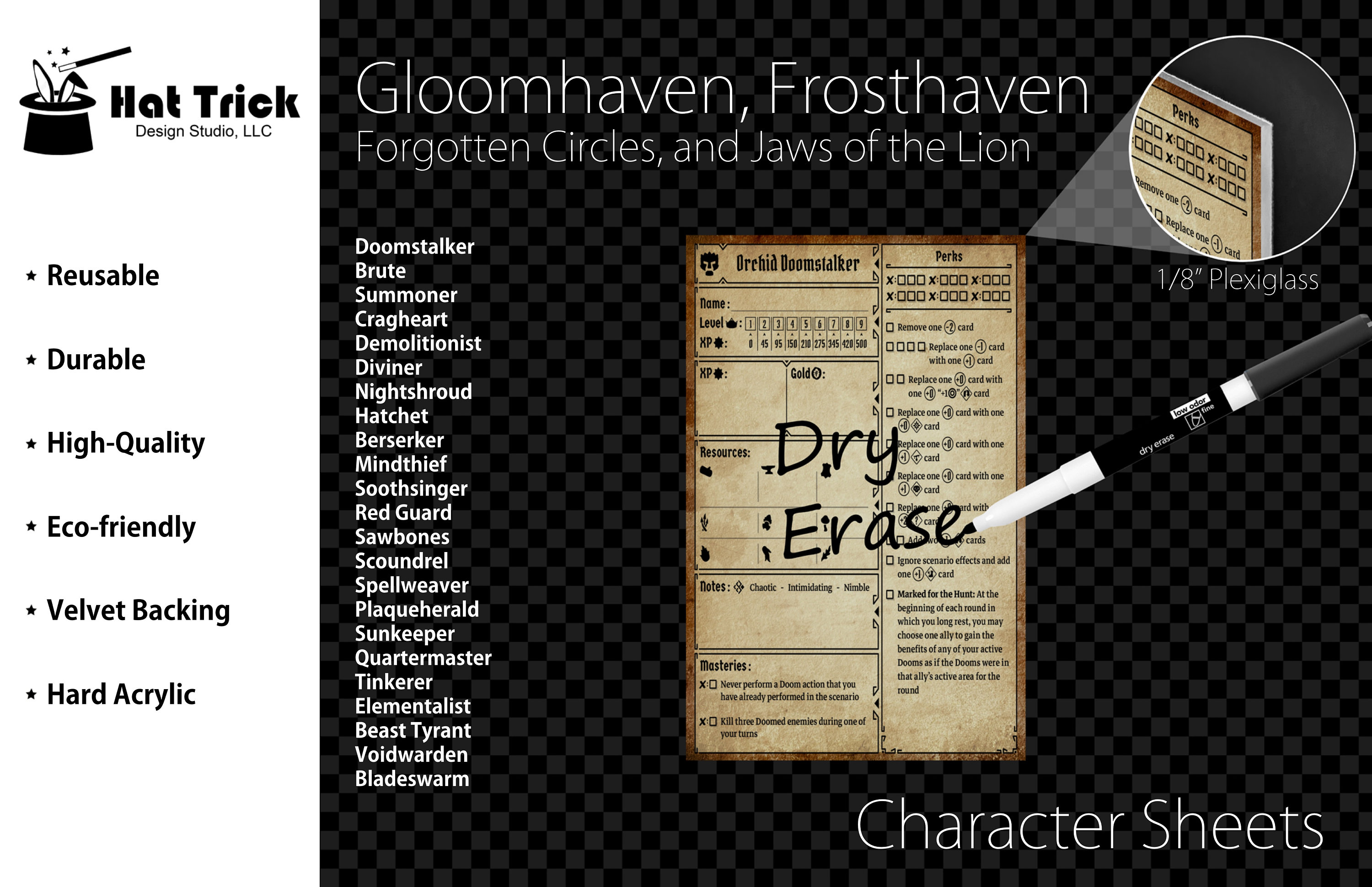 Premium Acrylic Gloomhaven Character Sheet Upgrade, Frosthaven, Forgotten Circles, Jaws of the Lion, Reusable, Dry Erase