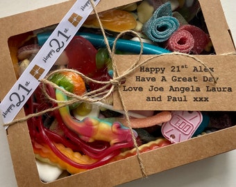 Personalised 21st Birthday Pick & Mix Sweet Box- ribbon/ Tag | Fizzy/Gummy/Special Friend Big Birthday/Treat box | 21 Today |