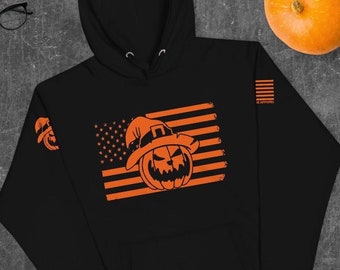 American Flag Halloween Hoodie, Patriotic Pumpkin Hoodie, Halloween Pullover, Pumpkin Sweatshirt