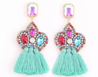Green and pink beaded tassel earrings- statement tassel earrings- boho vintage earrings- long earrings-fashion earrings -gold earrings-
