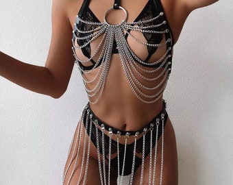 Festival body jewellery, leather chain bra skirt outfit, sexy rave outfit, chain harness bra outfit erotic lingerie erotic Christmas gift