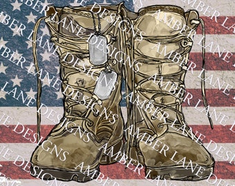 Army Boots With Dog Tags And American Flag |  Combat Soldier | Watercolor PNG | Combat Boots | Veterans Day png | Memorial Day | Sublimation